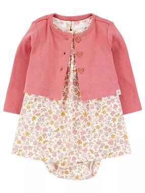 Carters Baby Girl Cotton Dress With Cardigan Sweater 12M Pink Floral NEW